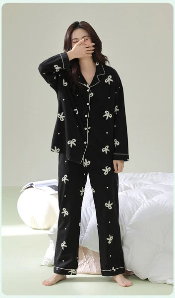 Women's Pajamas Set Long Sleeve Cardigan Bow Print Comfortable Antibacterial Homewear-