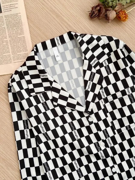 Sleepwear Two-Piece Set Elegant Print Plaid LongSleeve PijamasSuit Spring Summer