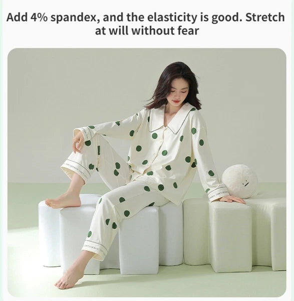 Ladies' Pajamas Set Outdoor Polka Dot Print Antibacterial Autumn Long Sleeve