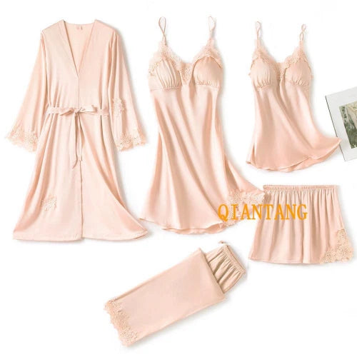 5PC Ice Silk Robe Sleep Suit Women Lace Satin Pajamas Gown Set V-Neck Nightwear