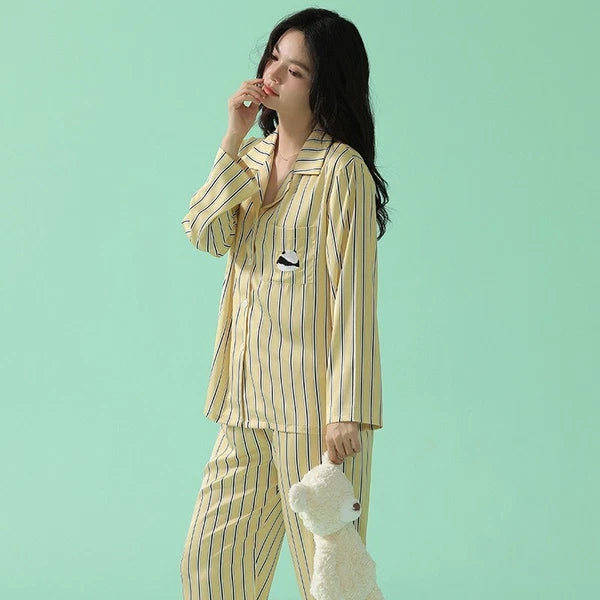 Women's Long Sleeve Pajamas Fashion Striped Homewear Comfortable Antibacterial Clothing-