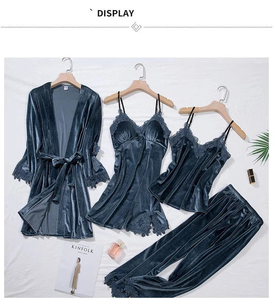 Velour Home Clothing 4pcs Sleep Set Intimate Lingerie Women Pajamas Long Sleeve
