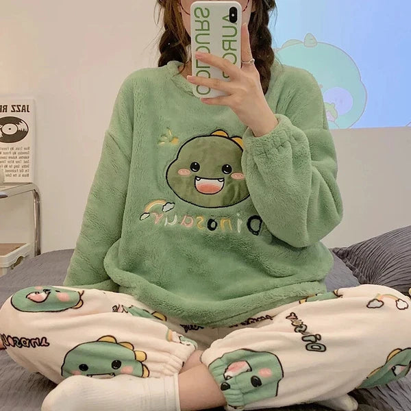 Sleepwear Thickening Round Neck Long Sleeve Women's 2 Pieces Set Dinosaur Suit