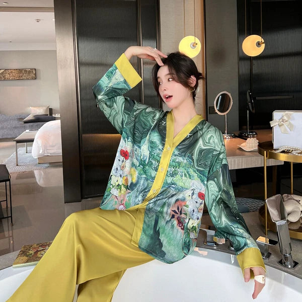 Women's Pajamas Set Luxury Print Silk Sleepwear V Neck Design Homewear Nightwear