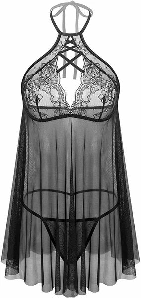 Women Sexy Lingerie Lace Babydoll V Neck Chemise Teddy Strap Sleepwear Panty Set