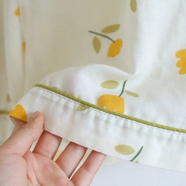 3PCS Women Pajamas Set 100% Gauze Cotton Printed Pyjamas Short Sleeve Sleepwear