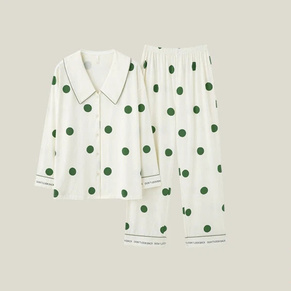 Autumn Women's Pajamas Set Long Sleeve Outdoor Polka Dot Print Antibacterial Clothing-