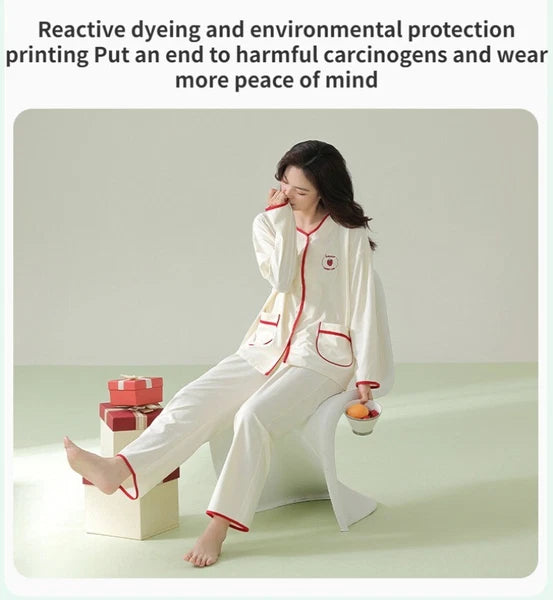 Women's Pajama Set Autumn Embroidered Comfortable Casual Antibacterial Sleepwear