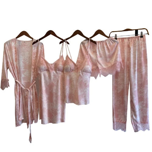 Women Satin Pajamas Suit V-Neck Kimono Robe Set with Cheast Pads Nightwear Sexy