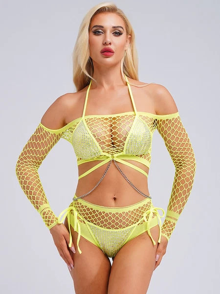 Womens Underwear Shiny Thong Crop Top Lingerie Lace-up Nightwear 4-piece Bra