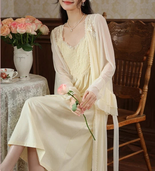 Women Lounge Suit Sling Padded Dress Cotton Robes Mesh Nightwear 2pcs 161201