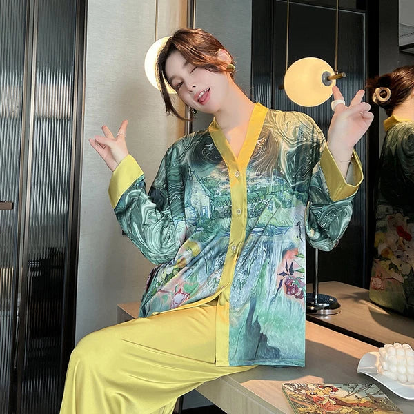 Women's Pajamas Set Luxury Print Silk Sleepwear V Neck Design Homewear Nightwear