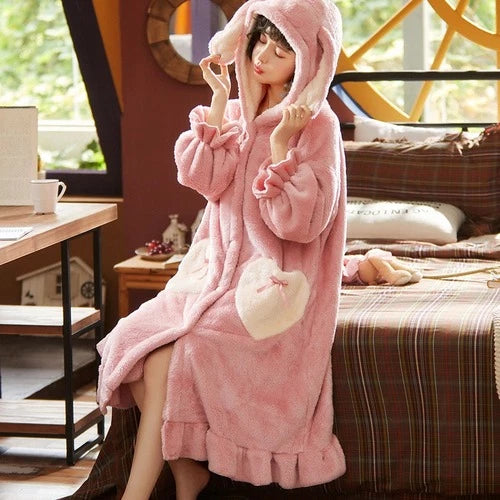Winter Women Hooded Pajama Sets Ruffled Coral Flannel Sleepwear Cute Nightwear