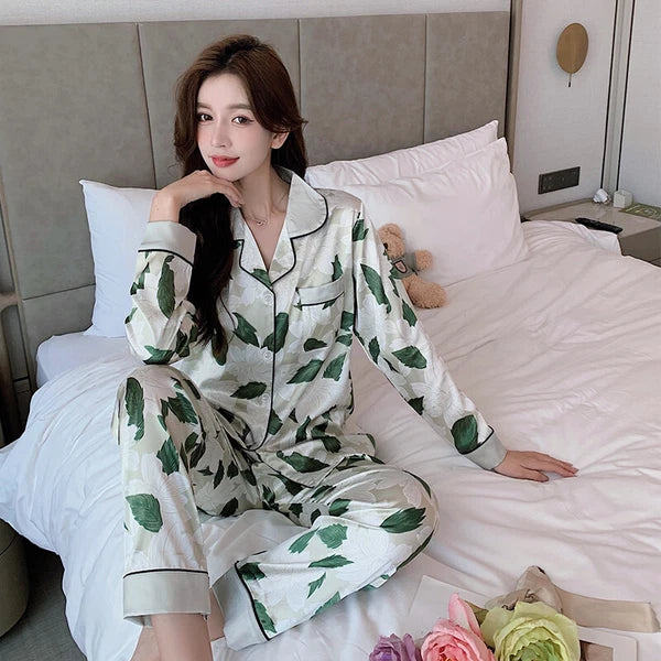 Women's Long Sleeve Silk Pajama Set Button-Down Sleepwear Print Loungewear Plus
