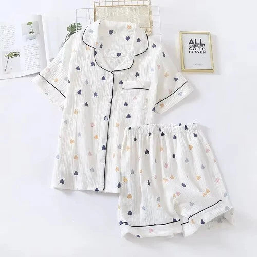 Summer Ladies Cotton Gauze Short Sleeve Shorts Pajamas Suit Cute Heart-shaped