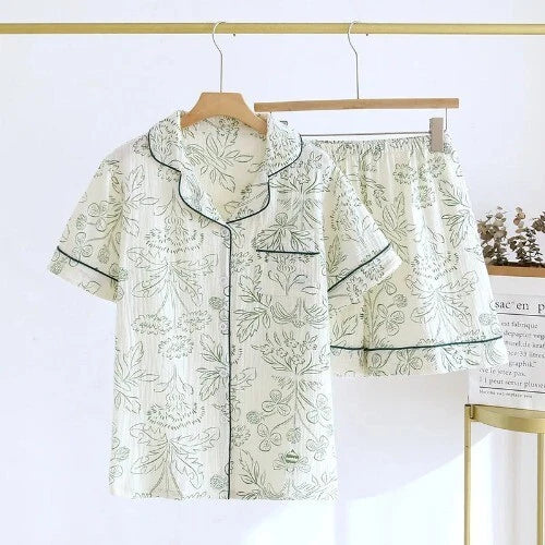 Summer Ladies Cotton Gauze Short Sleeve Shorts Pajamas Suit Cute Heart-shaped