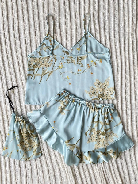 Floral Print Cami Tops Ruffle Hem Shorts Pajama Set Women's Sleepwear Loungewear