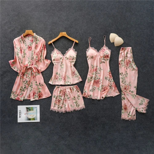 Pink Pajamas Sets Womens Strap Top Pants Sleepwear Suit Nightwear Robe Bath Gown