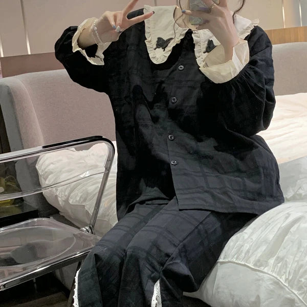 Korean women sweet pajamas long-sleeved trousers home service two-piece suit