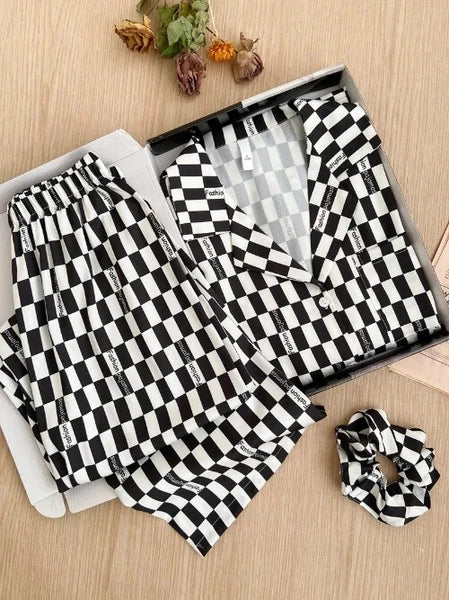 Sleepwear Two-Piece Set Elegant Print Plaid LongSleeve PijamasSuit Spring Summer