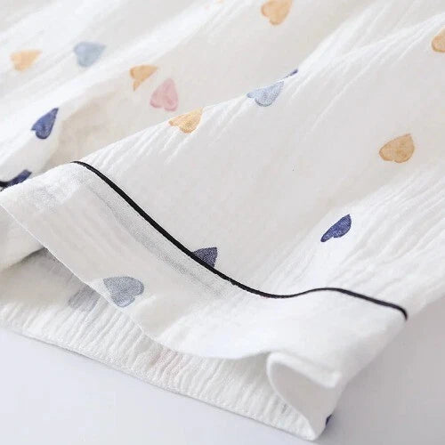 Summer Ladies Cotton Gauze Short Sleeve Shorts Pajamas Suit Cute Heart-shaped