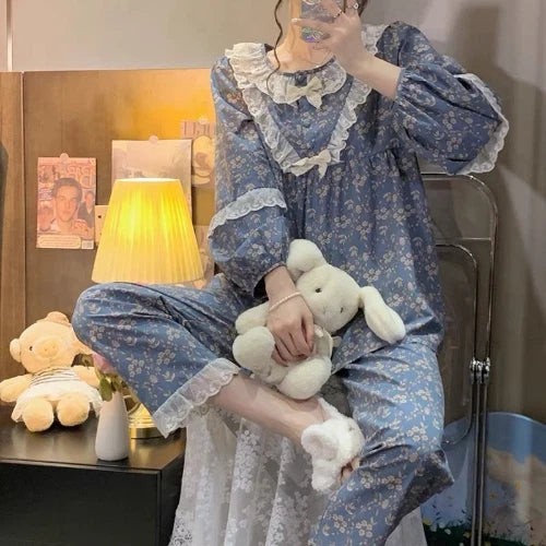 Women Long Sleeve Pajama Sets Floral Lace Princess Ruffles Lounge O-neck Pyjamas