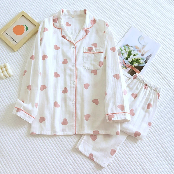 Women's Cotton Nightwear Sleepwear Heart Print Pajama Set Long Sleeve 2 Piece
