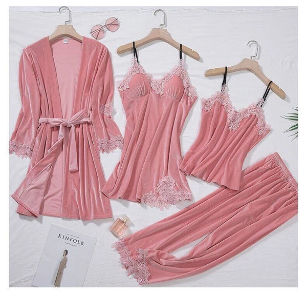 Pajama Suit Women 4PCS Robe Set Sleepwear Lady Lace Folwer Bathrobe Gown