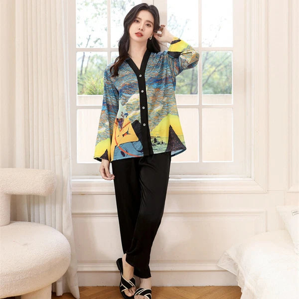 Women's Pajamas Set Luxury Print Silk Sleepwear V Neck Design Homewear Nightwear