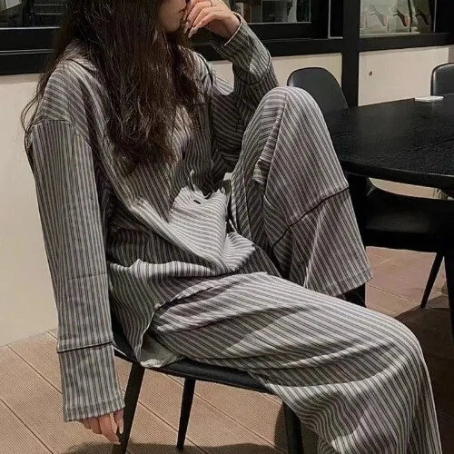 Pajama Set Women Homewear Striped Minimalist Leisure Fashion Comfortable Loose