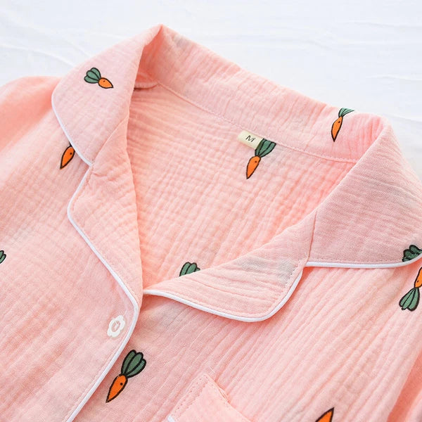 Chinese Japanese Autumn Women 100% Gauze Cotton Pajamas Set Sleepwear Nightwear