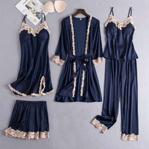5PCS Lace Satin Robe Gown Set Sexy Women Nightgown Sleep Suit Home Kimono Pajama