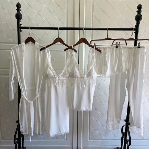 Women Satin Pajamas Suit V-Neck Kimono Robe Set with Cheast Pads Nightwear Sexy