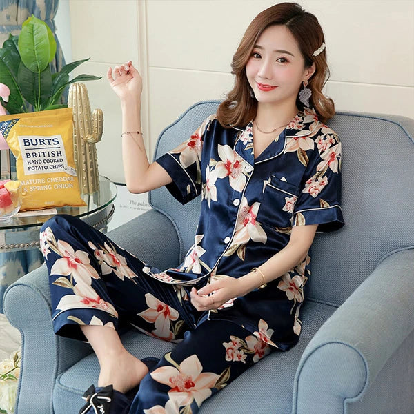 Women's Satin Pyjamas Set Short Sleeve Button-Down Sleepwear Silk PJS Loungewear