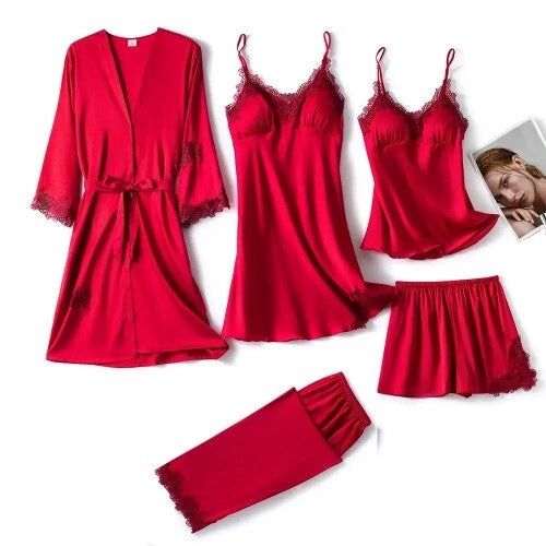 5PC Robe Sleep Suit Lace Satin Pajamas Gown Set V-Neck Wear Home Nightwear