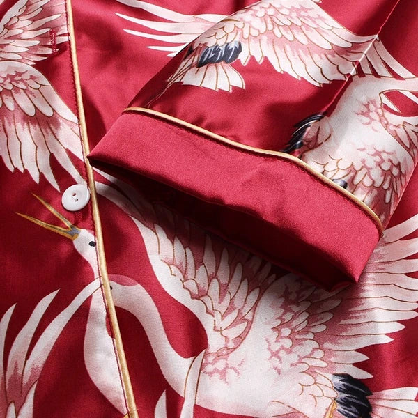 Women's Long Sleeve Silk Pajama Set Button-Down Sleepwear Print Loungewear Plus