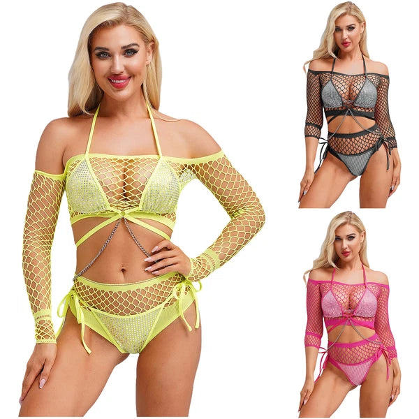 Womens Underwear Shiny Thong Crop Top Lingerie Lace-up Nightwear 4-piece Bra