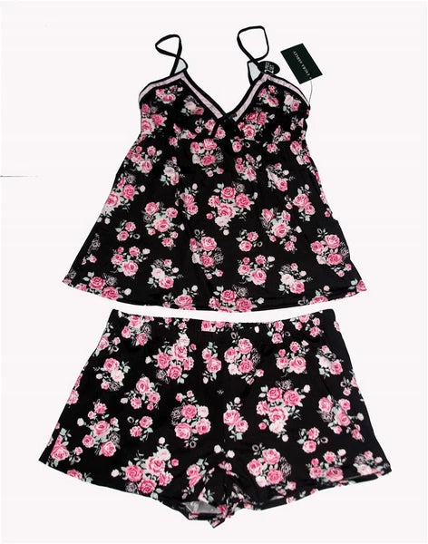 2-Pc Laura Ashley Pink Roses Bouquet Black Cami Top & Shorts Pajamas Set NWT $36