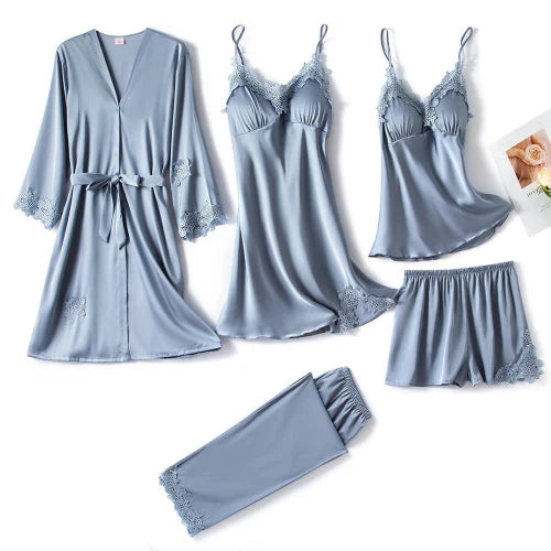 5PC Ice Silk Robe Sleep Suit Women Lace Satin Pajamas Gown Set V-Neck Nightwear