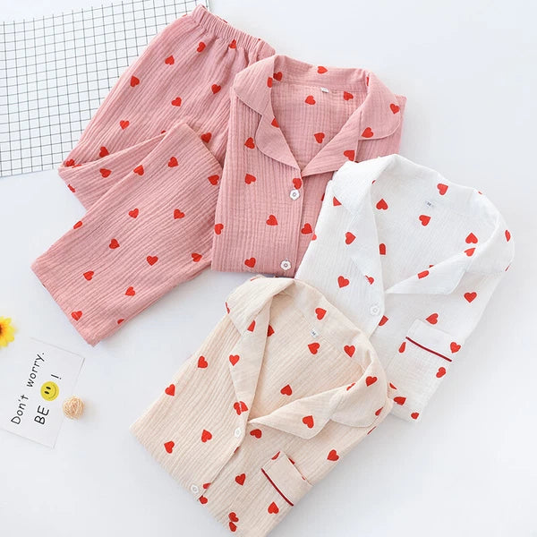 Japanese Women 100% Gauze Cotton Pajamas Set Long Sleeve Sleepwear Nightwear New