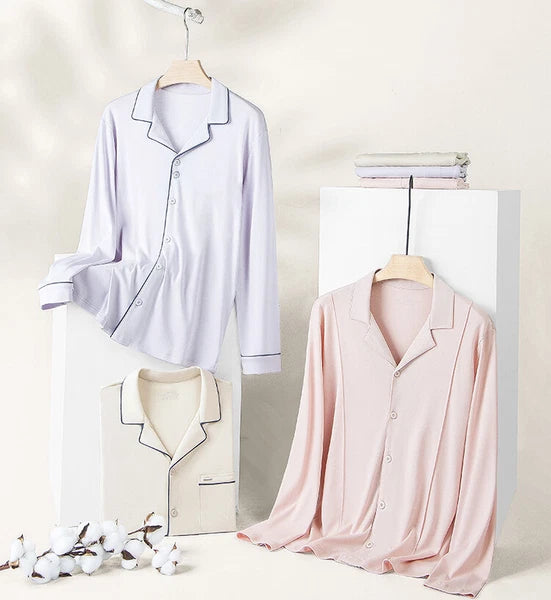 Women Antibacterial Pajamas Set Long Sleeve Dust Mite Resistant Long Pants-