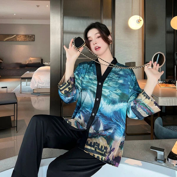 Women's Pajamas Set Luxury Print Silk Sleepwear V Neck Design Homewear Nightwear