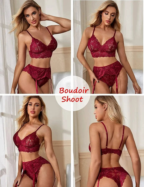 Women Sexy Lingerie Set with Garter Belt Floral Lace Bra and Panty Set Nightwear