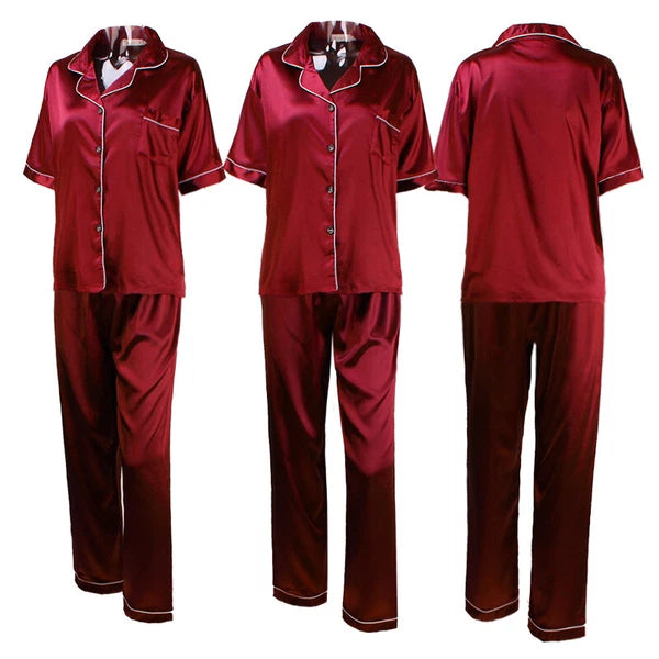 Women's Satin Pyjamas Set Short Sleeve Button-Down Sleepwear Silk PJS Loungewear
