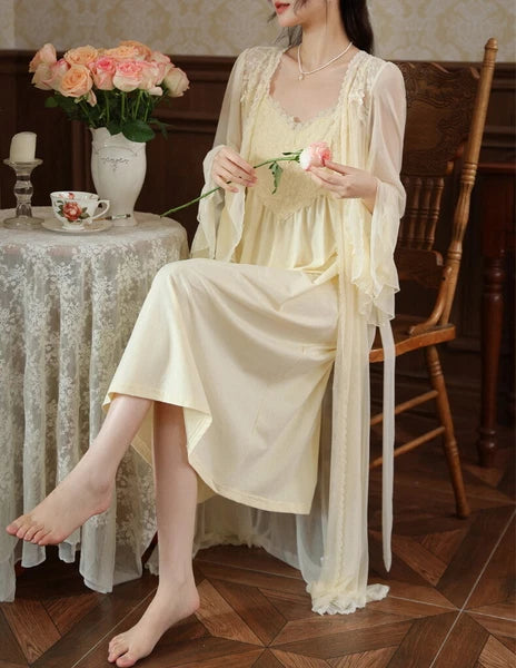 Women Lounge Suit Sling Padded Dress Cotton Robes Mesh Nightwear 2pcs 161201