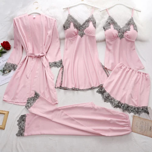 5PC Ice Silk Robe Sleep Suit Women Lace Satin Pajamas Gown Set V-Neck Nightwear