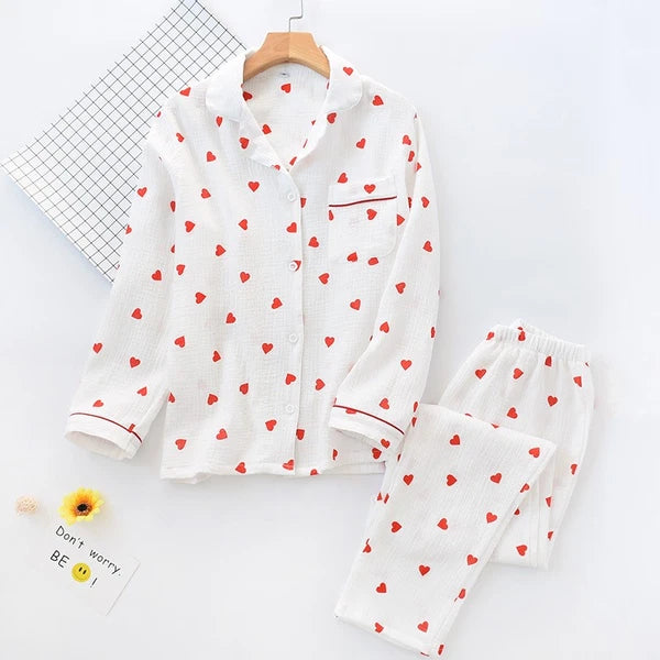 Japanese Women 100% Gauze Cotton Pajamas Set Long Sleeve Sleepwear Nightwear New