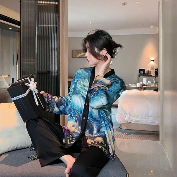 Women's Pajamas Set Luxury Print Silk Sleepwear V Neck Design Homewear Nightwear