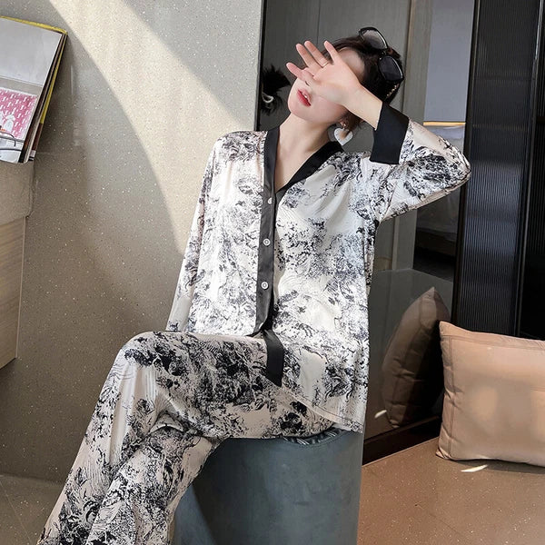 Women's Pajamas Set Luxury Print Silk Sleepwear V Neck Design Homewear Nightwear