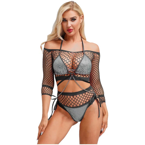 Womens Underwear Shiny Thong Crop Top Lingerie Lace-up Nightwear 4-piece Bra